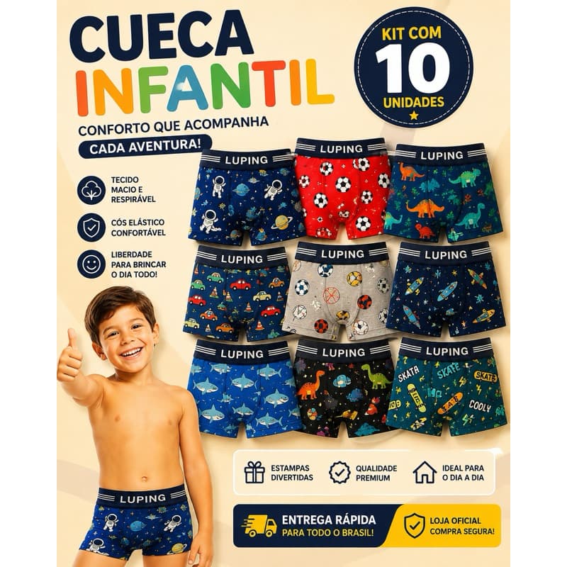 Kit 5 ou 10 Cuecas Boxer Estampadas  INFANTIL MENINO Qualidade Garantida