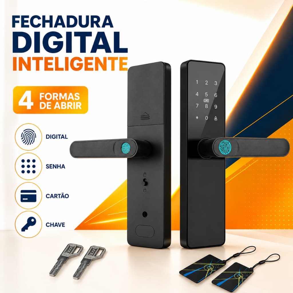 Fechadura Digital com Biometria, Senha e Cartão - 300 Usuários, Anti-Arrombamento, Offline, Chave Reserva