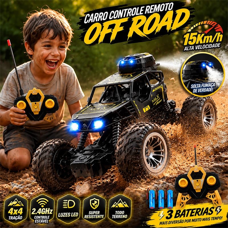 Carrinho de Controle Remoto 4x4 Recarregável USB Jeep Off Road Solta Fumaça Luz LED Função Spray
