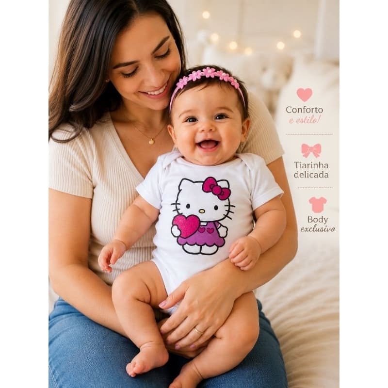 Kit Bebê Menina Body + Shortinho + Faixinha de Cabelo | Conjunto Infantil Feminino Fofo e Confortável
