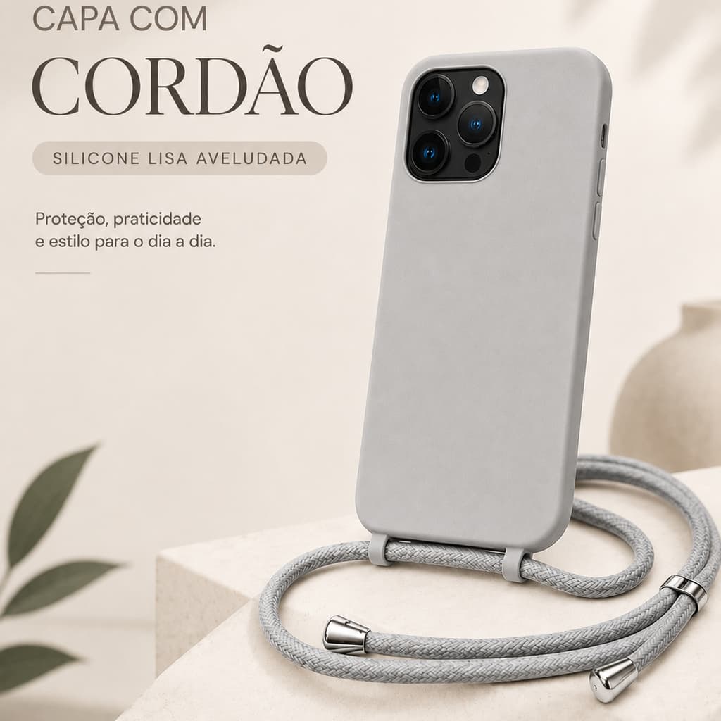 Capa Silicone Aveludada com Cordão para iPhone 16 15 14 13 12 11 Pro Max – Alça Pescoço Antifurto