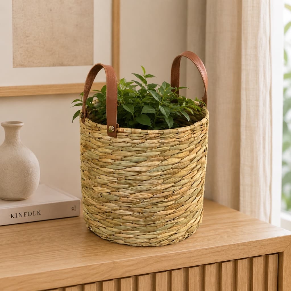 Vaso Cachepot de Palha de Taboa com Alça de Couro 20x20 cm – Cesto Decorativo para Plantas