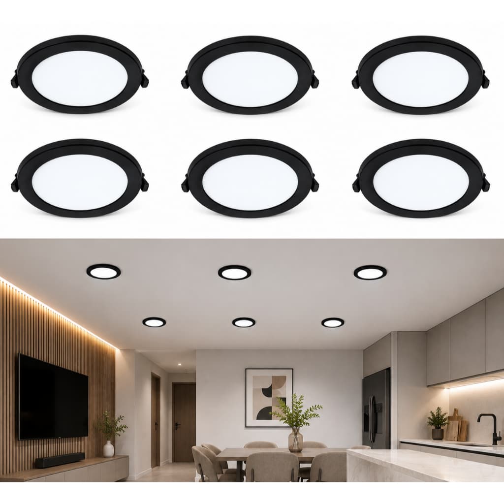 Kit 6 Plafon Led Slim Branco Frio Redondo de Embutir 6000K Estrutura Preta