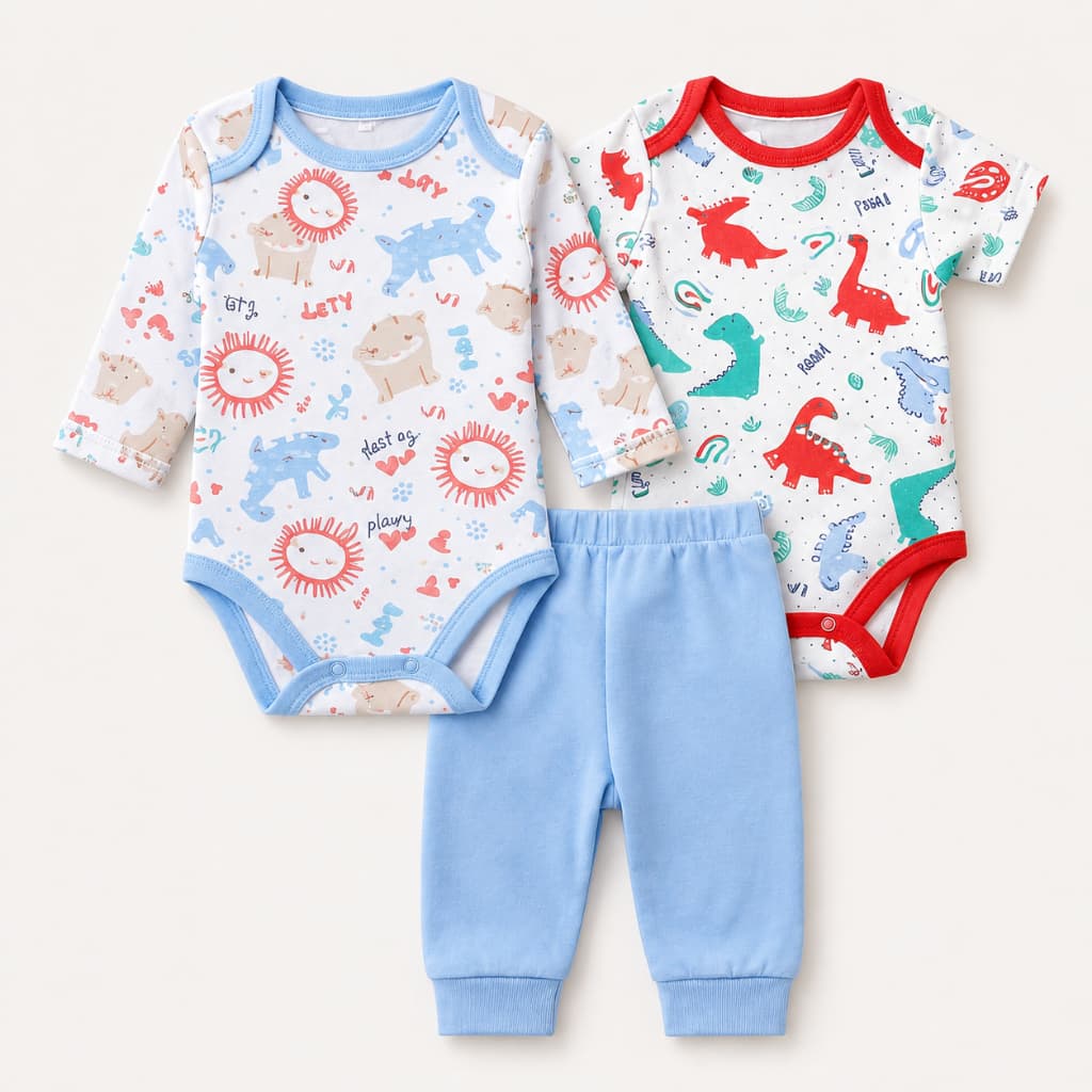 Kit 3 Peças Bebê Menino (1 Body Manga Longa + 1 Body Manga Curta + 1 Calça) RN ao G  Algodão Conforto Macio Dia a Dia