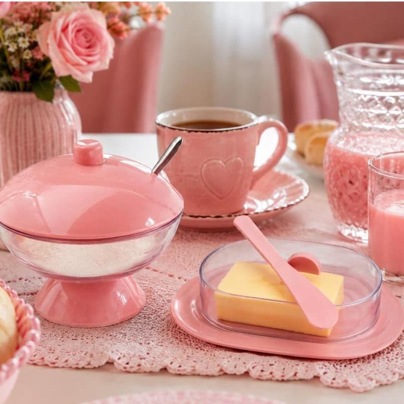 Kit Açucareiro + Manteigueira Porta Açúcar e Manteiga para Café da Manhã Kit de Cozinha Rosa