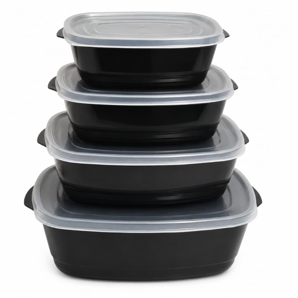 Potes Plástico kit com 4 Retangular Preto Herméticos 400ml 750ml 1,5L 3L