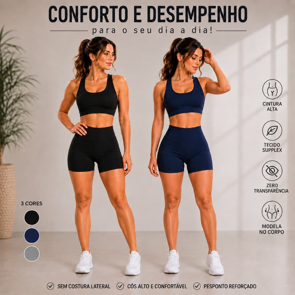 KIT 2 Shorts Academia Fitness Feminino Supplex Cos Alto Zero Transparência Bermuda Meia Coxa sob Vestido