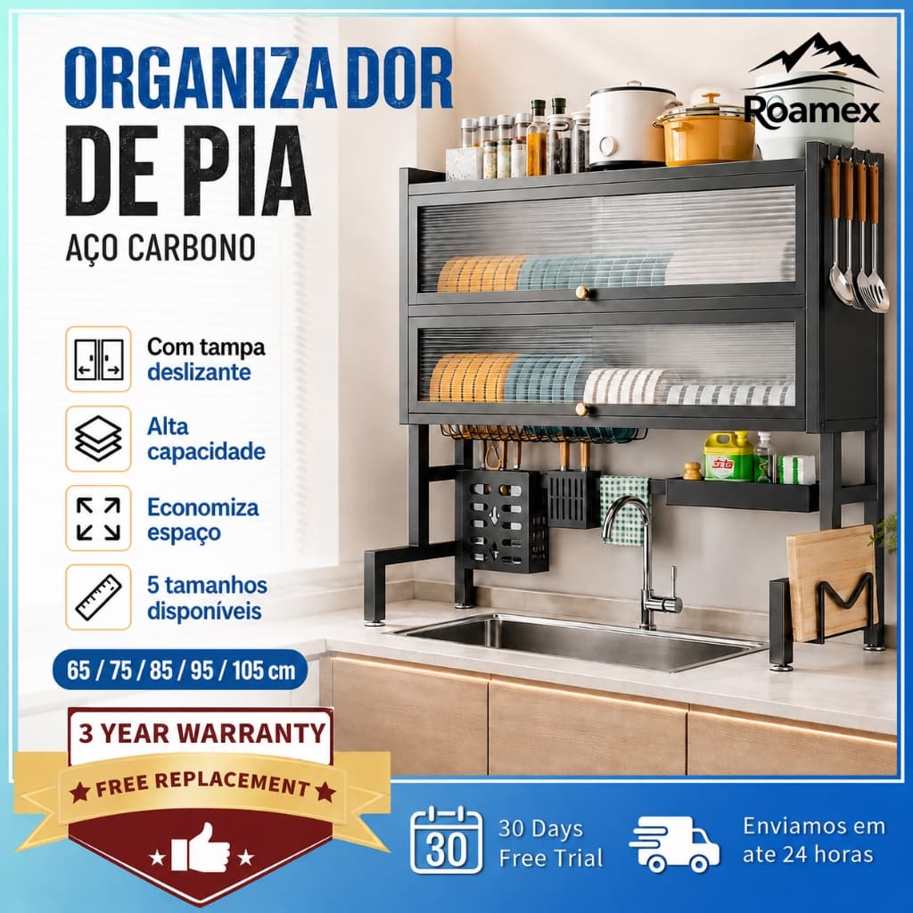 Organizador de Pia Sobre Pia Aço Carbono com Tampa Escorredor de Pratos Rack de Cozinha Porta Talheres Utensílios 65 a 1