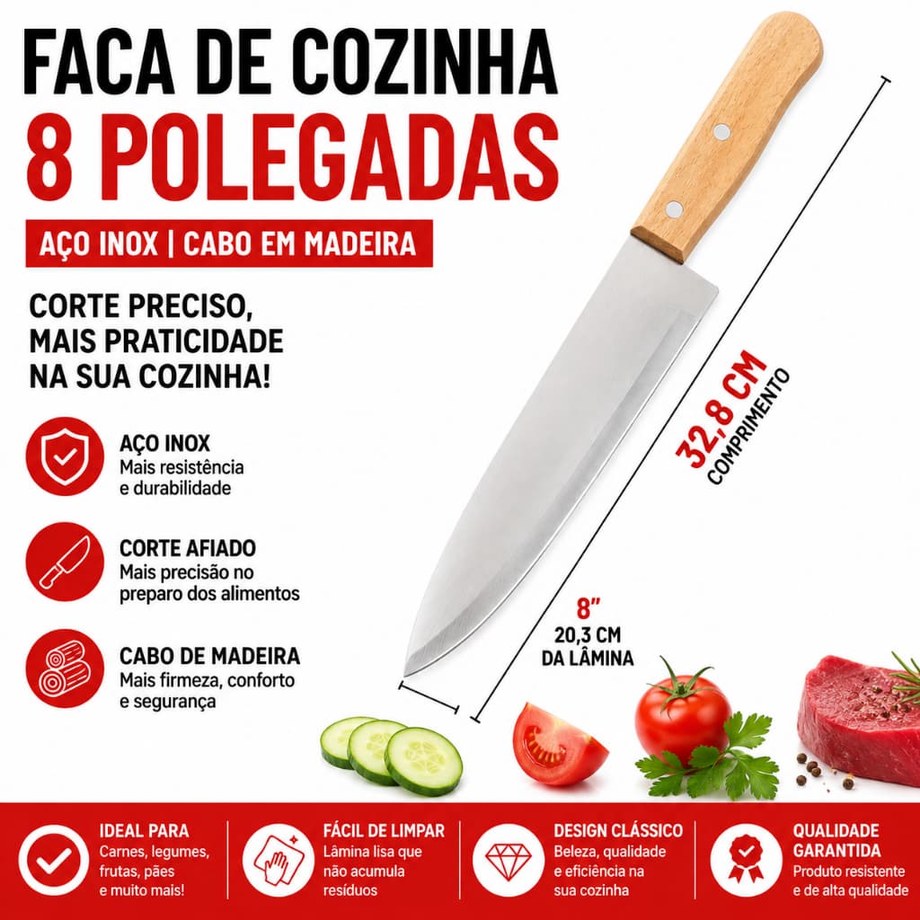 Faca de Cozinha 8 Polegadas Aço Inox Cabo de Madeira Corte Preciso e Resistente