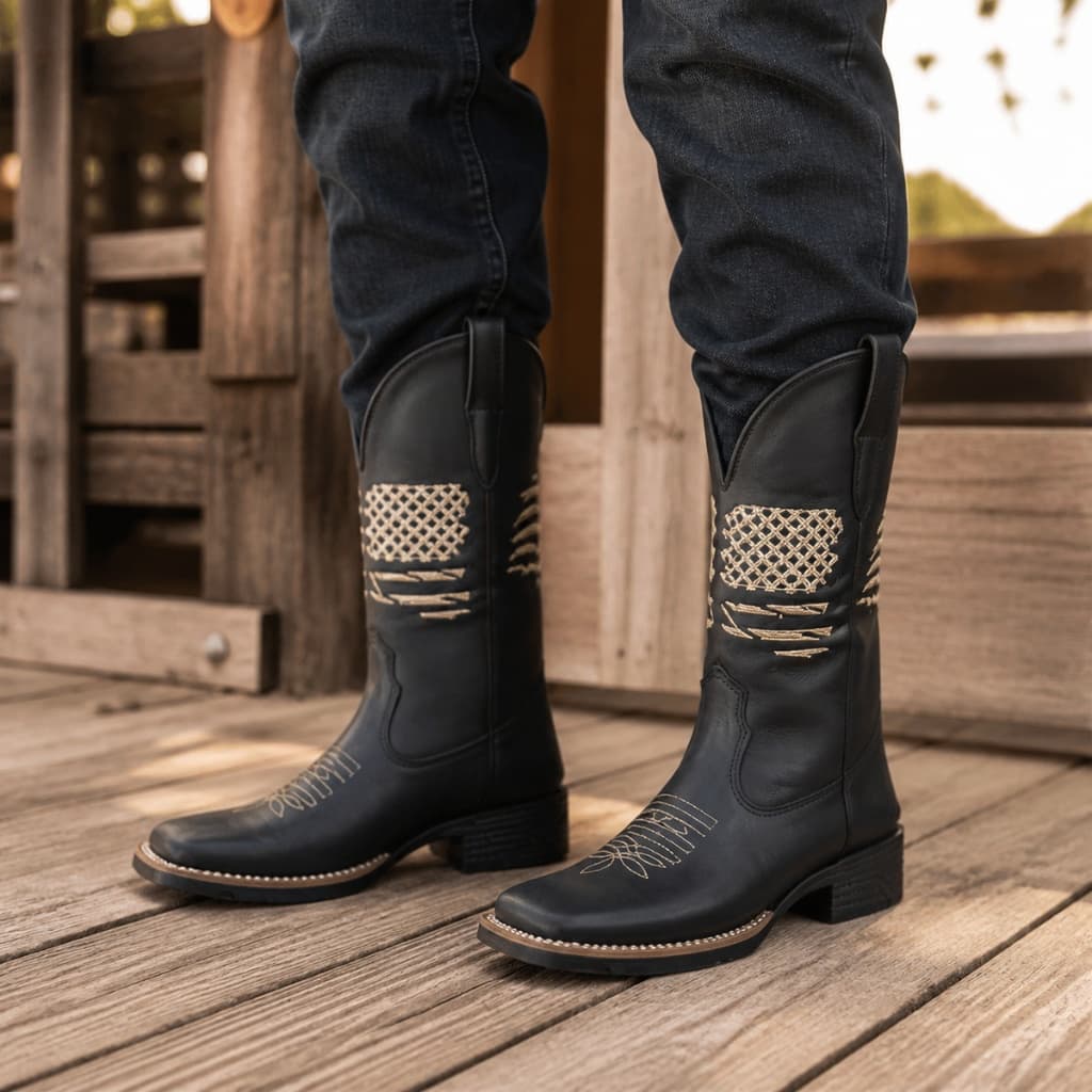 Bota Botina Masculina Texana Couro Legítimo Bordada Rustica Country Rodeio