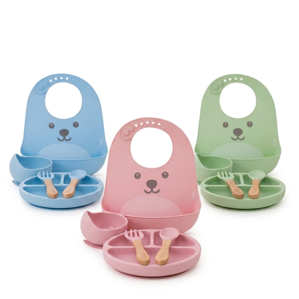 Kit Alimentação Buba 5 peças Silicone – Prato, Babador com Estampa, Bowl e Talheres – Azul ou Rosa