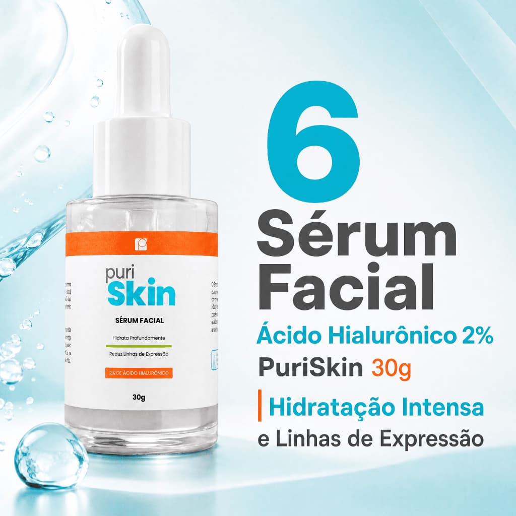 KIT 6 Sérum Facial Ácido Hialurônico 2% PuriSkin 30g | Hidratação Intensa e Linhas de Expressão