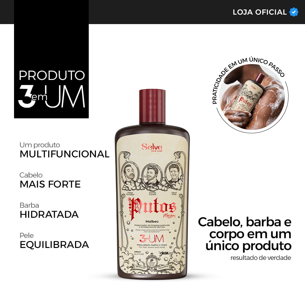 Shampoo Masculino 3 em 1 Limpeza Profunda, Fortalecimento e Nutrição Intensiva  | Selve Putos Machos