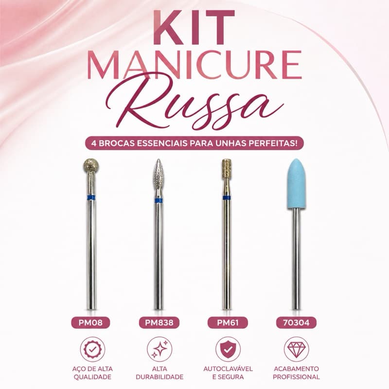 Kit Manicure Russa 4 Brocas Alta Qualidade e Durabilidade PM08 PM838 PM61 70304 Metalúrgica Brilho ORIGINAL