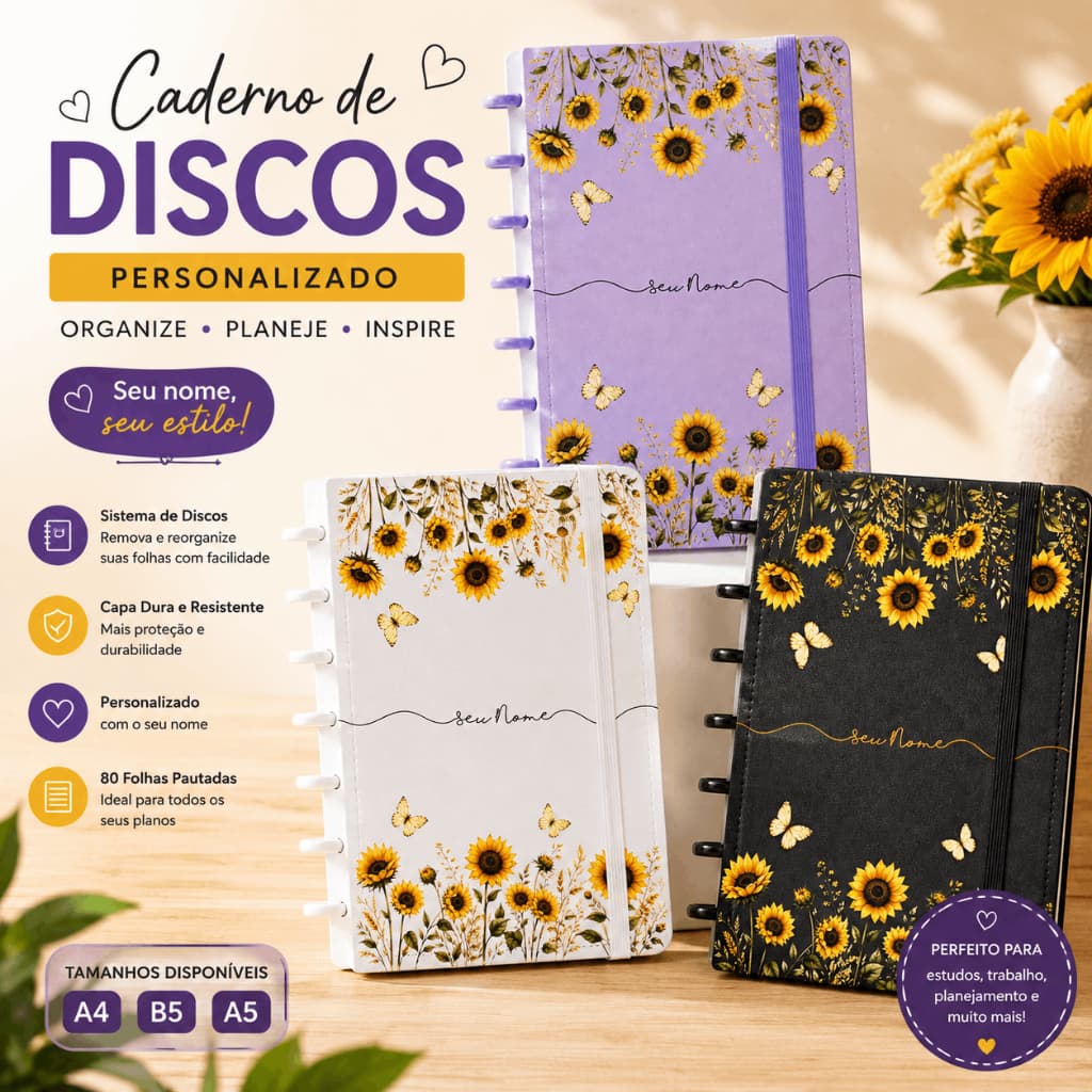 Caderno Inteligente Girassol | Personalizado com Nome | Caderno Delicado para Colégio, Faculdade, Trabalho e Estudos