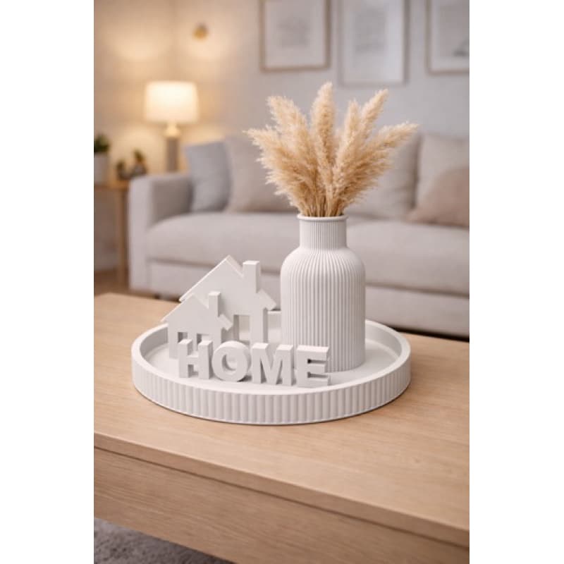 Kit Decoração Sala Bandeja Canelada Vaso Capim Pampas Palavra Home Casinhas Brancas Estilo Boho Minimalista