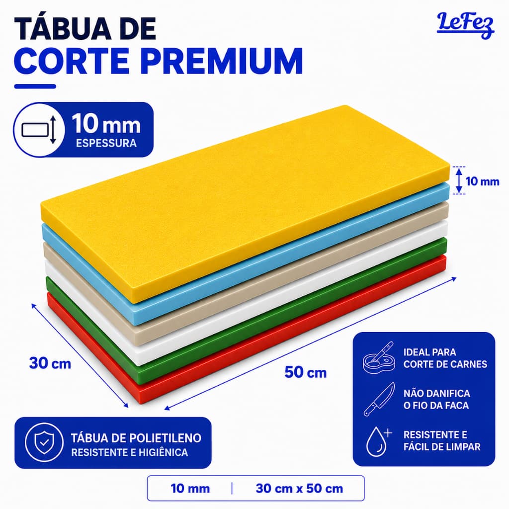 Tábua De Corte De Polietileno Cozinha Anvisa Cores Variadas 10mm X 30cm X 50cm Grande Restaurante Açougue Padaria Carnes