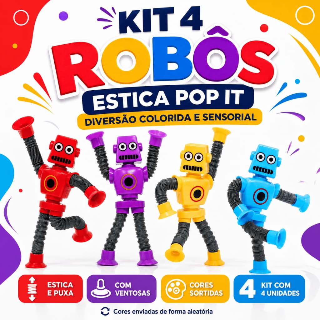 Kit 4 Robôs Estica Puxa com Ventosa Brinquedo Sensorial Infantil Colorido