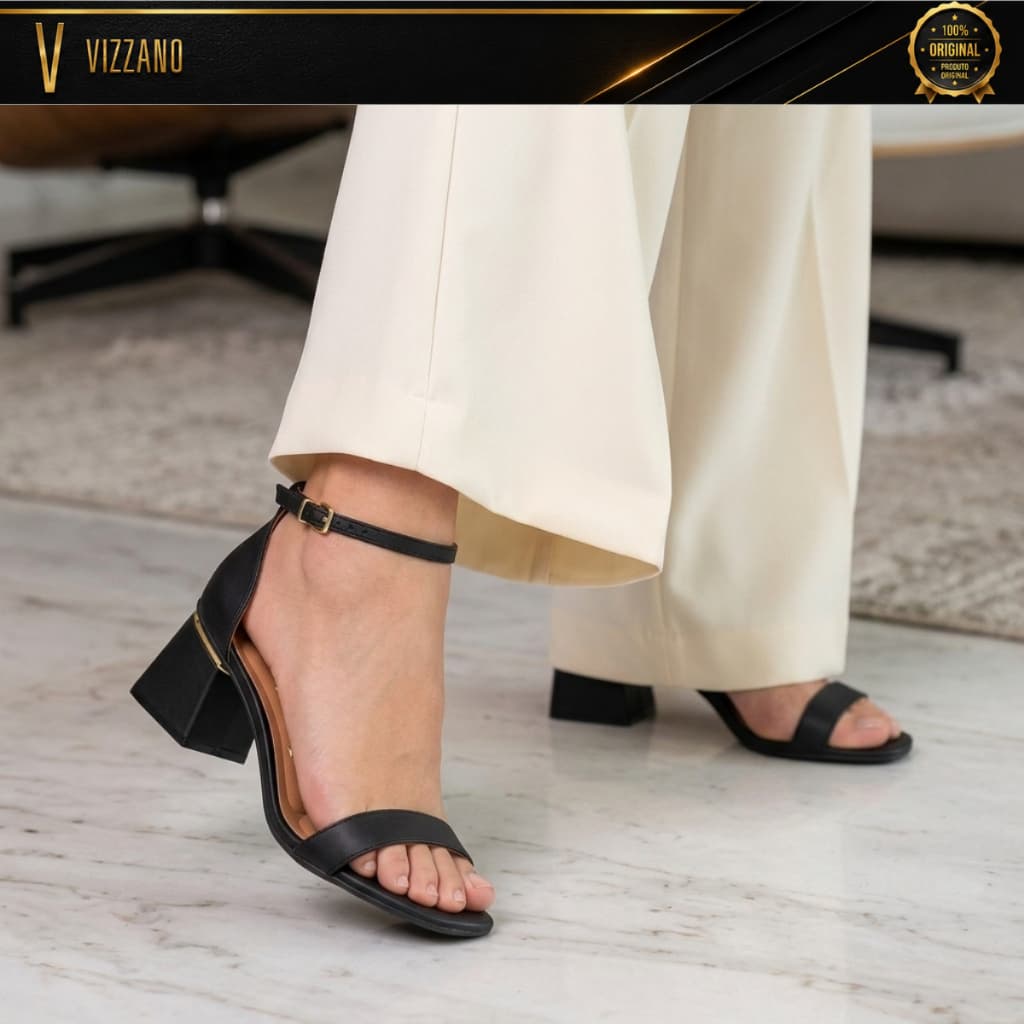 Sandália Vizzano Feminina Salto Bloco Groso Baixo Confortável Detalhe Dourado Social Elegante Conforto 6428104 Original