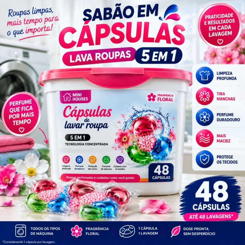 Sabão em Cápsulas Lava Roupas 5 em 1 48un Tira Manchas Perfume Concentrado Limpeza Profunda e Maciez