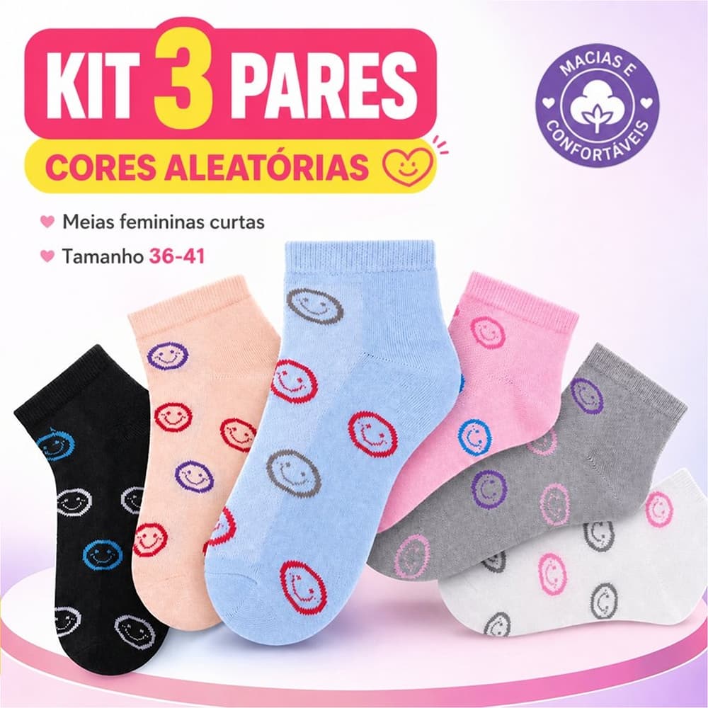 Kit 3 Pares Meias Fem Cano Curto Estampa Sorriso, Casuais Confortáveis 36-41, Cores Aleatórias | Vendido Apenas em Kit