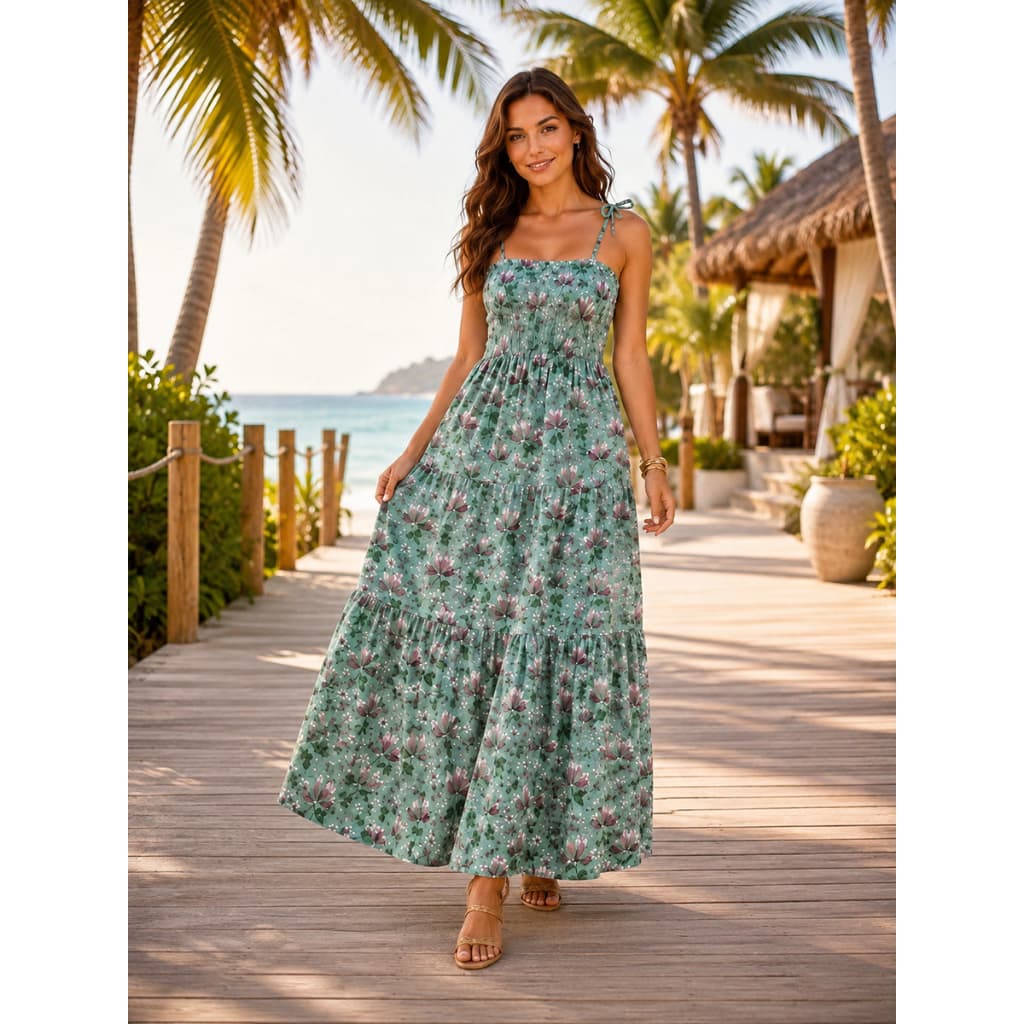 Vestido Longo Floral Feminino com Alças Ajustáveis de Laço, Busto Lastex, Elegante Casual para Verão e Viagem