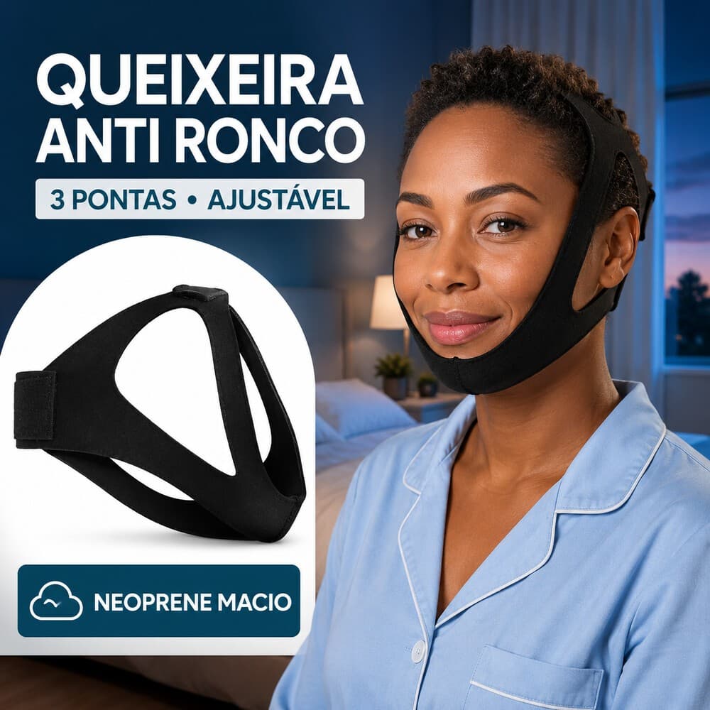 Faixa Anti Ronco 3 Pontas em Neoprene Ajustável com Velcro Cinta de Cabeça e Queixo Uso Noturno Adulto Unissex Cor Preta