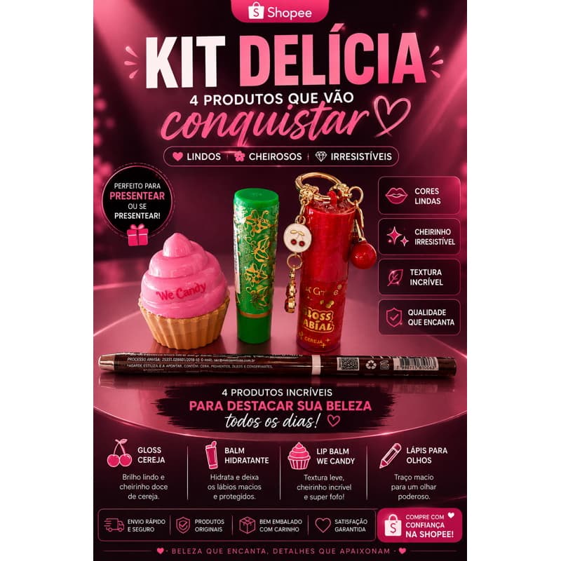 Gloss Chaveirinho Pink Grape + Balm We Candy + Batom Mágico 24H + Lápis Vivai