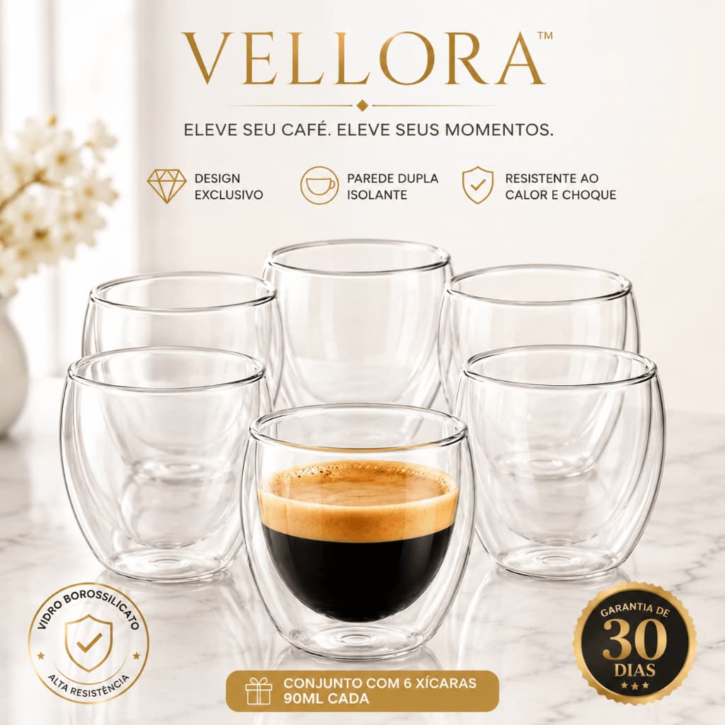 Kit 6 Xícaras De Vidro Parede Dupla 90ml Borossilicato Para Café Expresso Chá Cappuccino Térmico