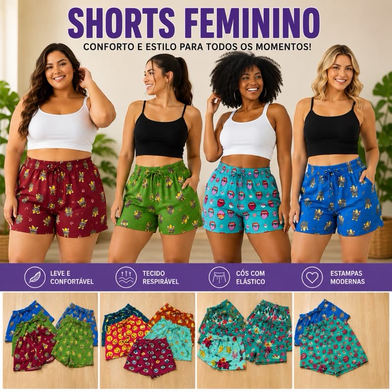 Kit 3 Short Curto Feminino Verão Estampado em Malha Crepe Tecido Leve — Ideal para o Calor e Dia a Dia