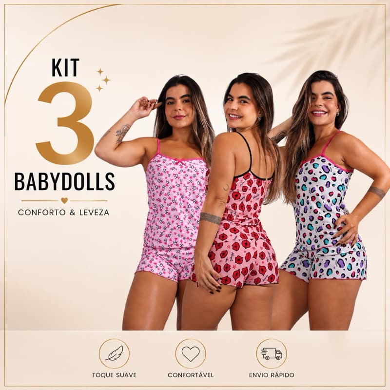 Kit 3 Pijamas Baby Doll Feminino Conjunto Short Doll Para Dormir