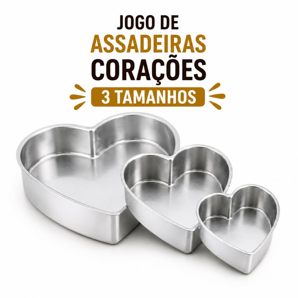 JOGO DE TABULEIROS ASSADEIRA BOLO CORAÇÃO 3 TAMANHOS EM ALUMÍNIO IF35