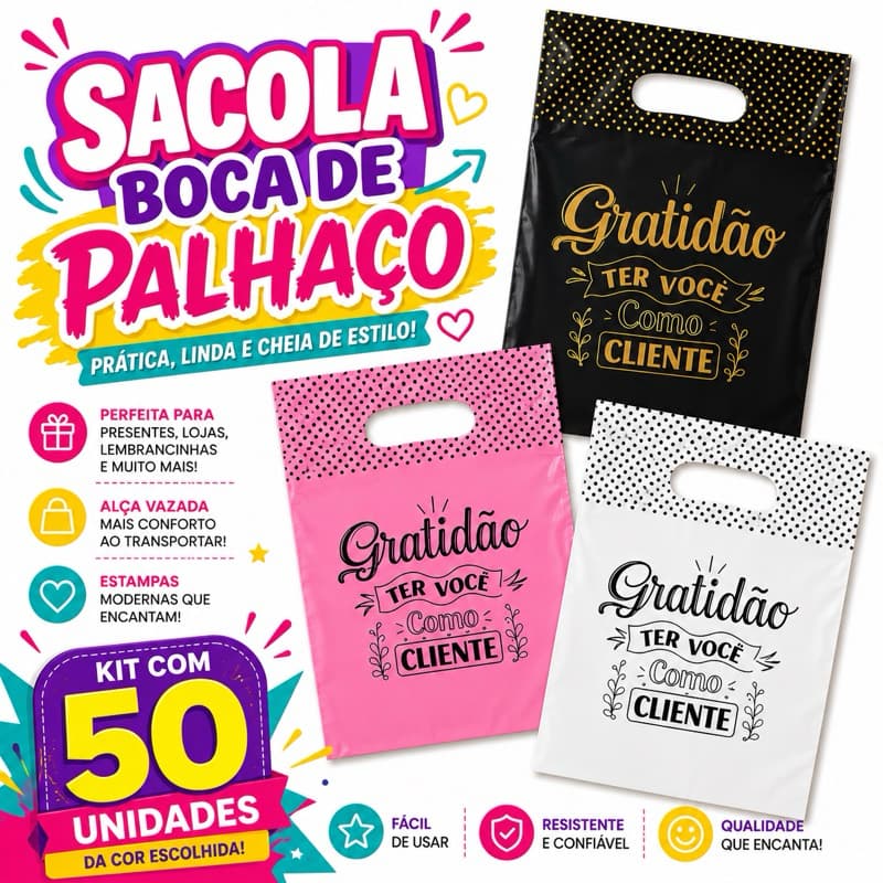 Sacola Boca de Palhaço Gratidão 50 Unidades Sacolinha para Presente Lembrancinha Loja Cliente