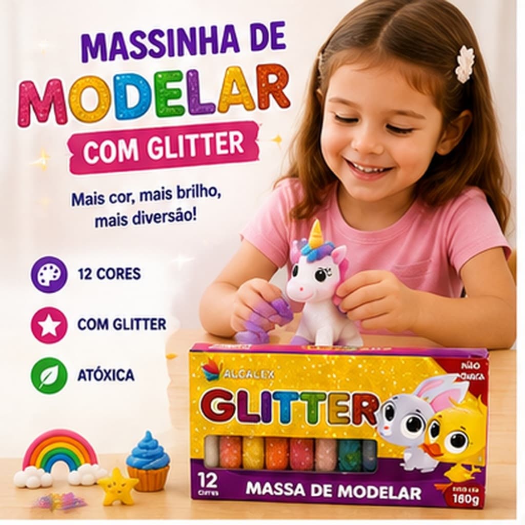Massinha de Modelar 12 Cores 180g com Glitter