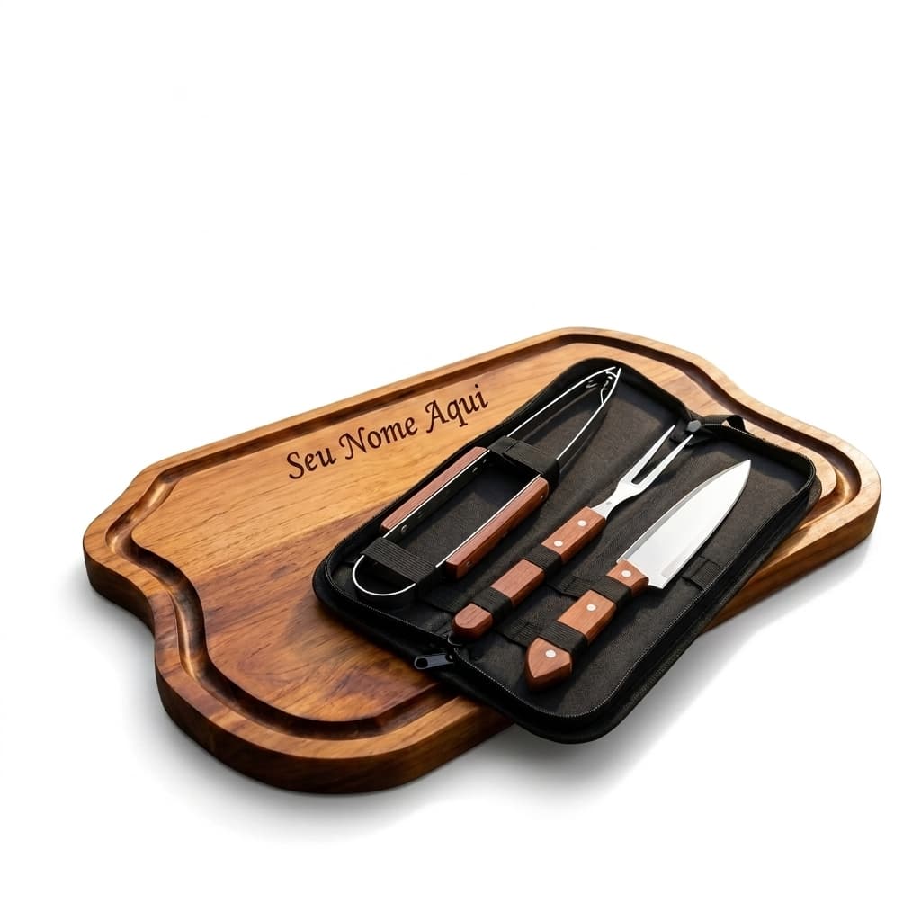 Kit Churrasco Completo Personalizado Tabua Faca Garfo Pegador