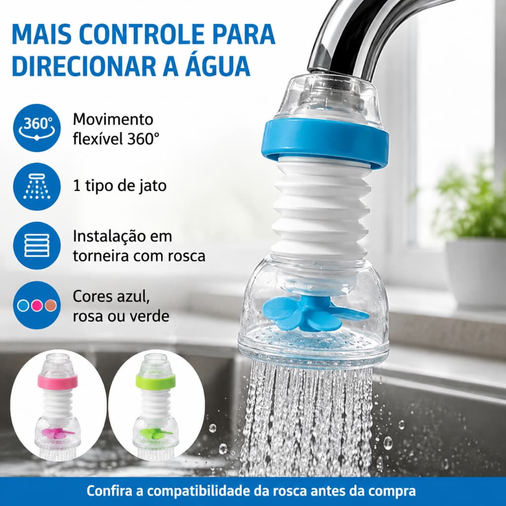 Bico Extensor Flexível 360° para Torneira com Rosca – Azul, Rosa ou Verde