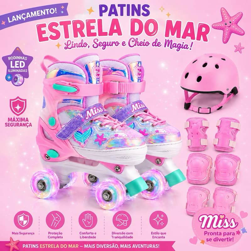 Patins Infantil Estrela do Mar 4 Rodas com Led/Tamanhos Ajustáveis