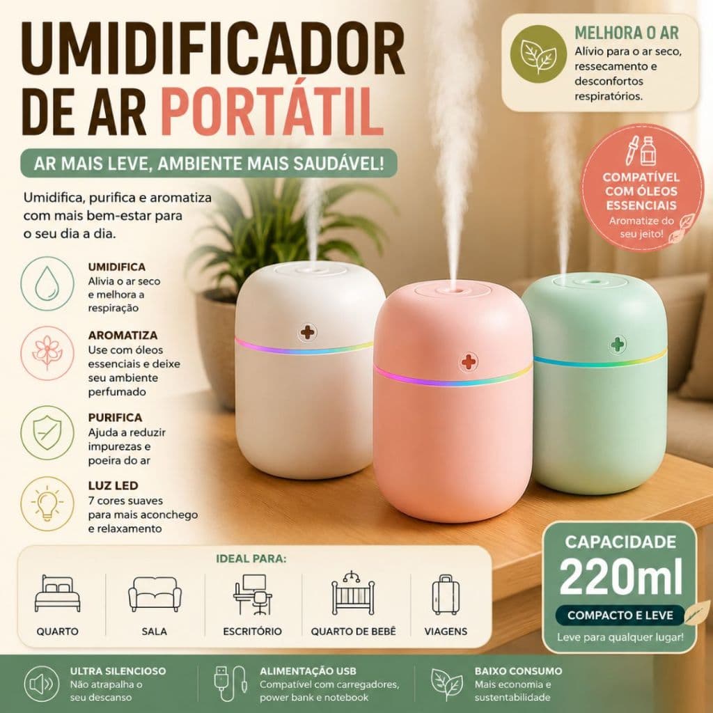 Umidificador de Ar Portátil 220ml Aromatizador Difusor de Ambiente para Casa Quarto Escritório Duhome