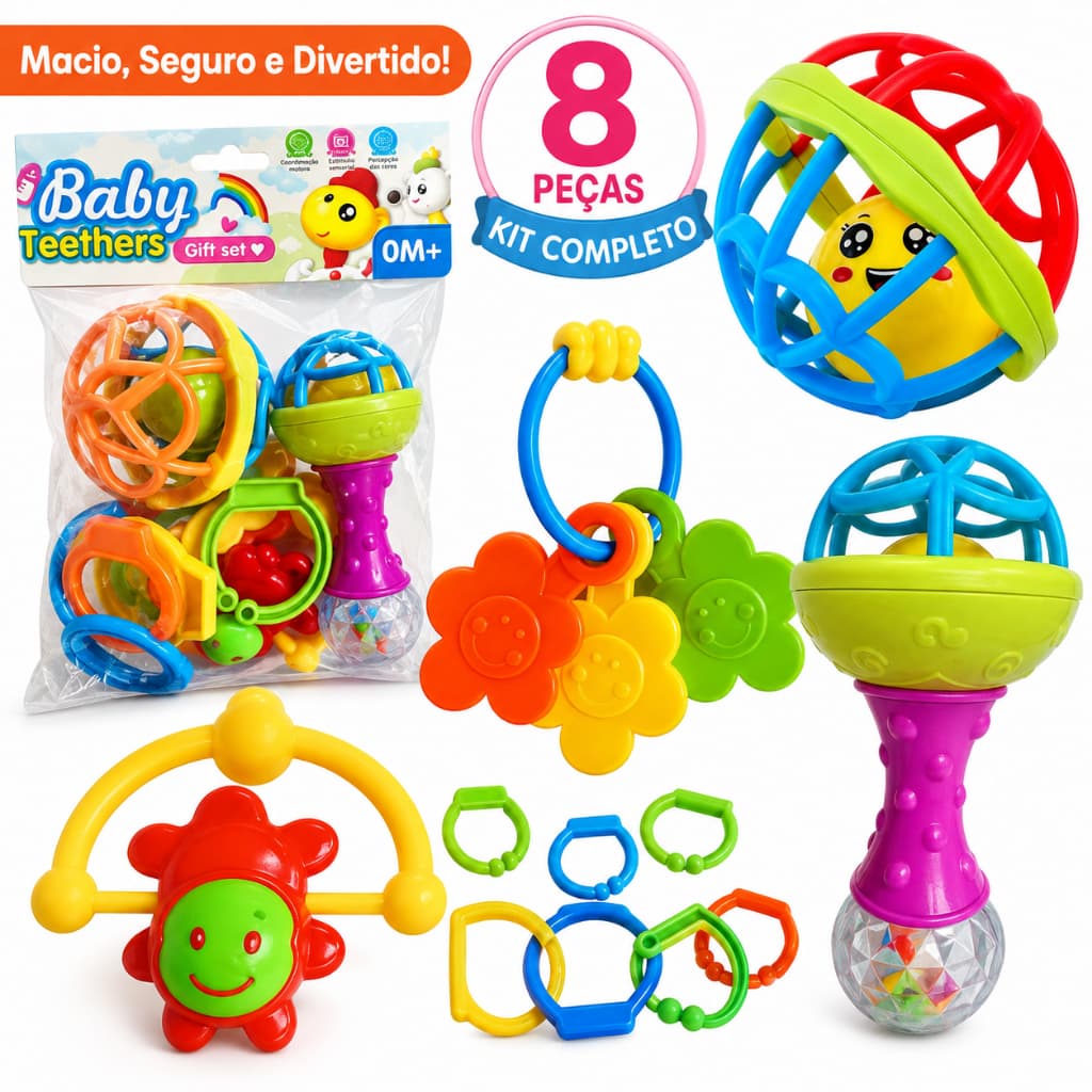 Kit Brinquedo Bebe Chocalho Mordedor Silicone Macio Bola Colorida 8 Peça Presente Para Menina e Menino Móbile para Berço