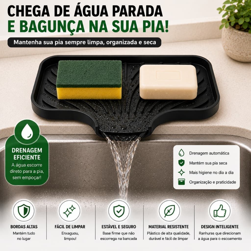 Escorredor de Pia com Drenagem Automática Porta Esponja e Sabão Organizador de Cozinha
