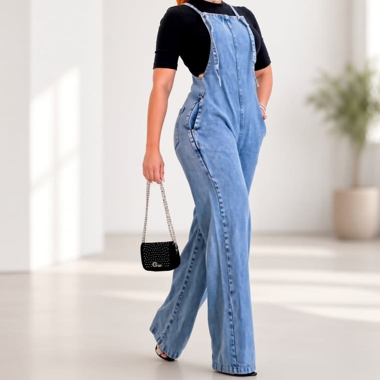 Macacão Jeans Wide Leg Com Alças E Bolsos