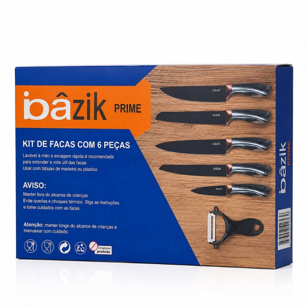 Jogo De Facas Churrasco E Cozinha 6 Pecas Inox WU-344 Com Descascador Bazik