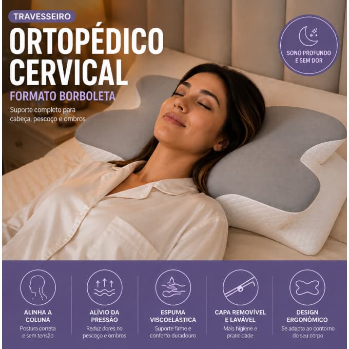 Travesseiro Ortopédico Cervical Viscoelástico Ergonômico Borboleta