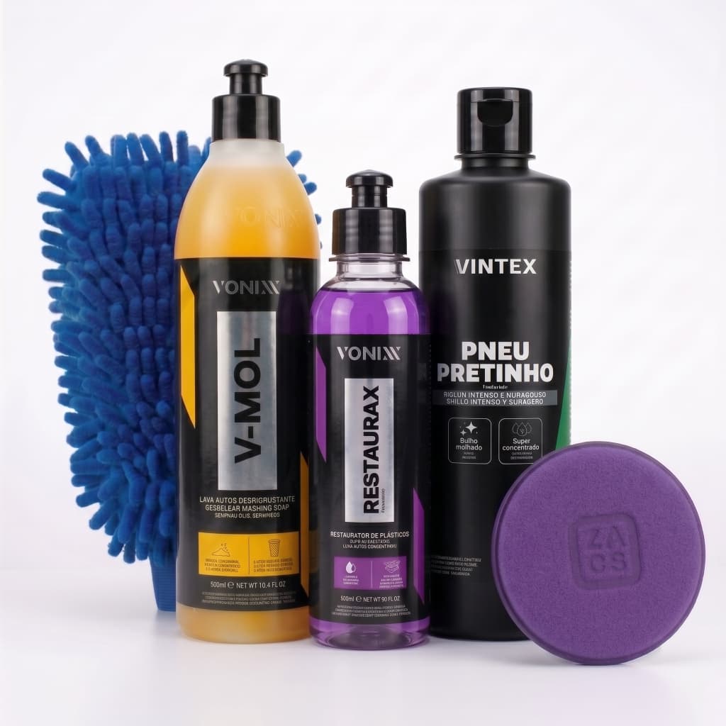 Kit Vonixx V-Mol+ Restaurax + Pretinho + Aplicador + Luva Microfibra Para Lavar Carro e Moto Shampoo Automotivo
