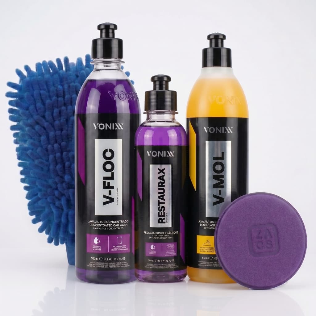 Kit Vonixx V-Floc + V-Mol + Restaurax + Aplicador + Luva Microfibra Para Lavar Carro e Moto Shampoo Automotivo