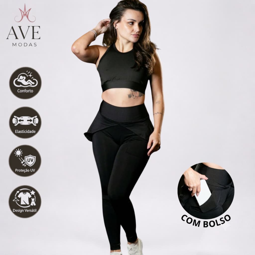 Conjunto Top Nadador Liso + Legging Saia c/ Bolso Moda Feminina Academia Fitness