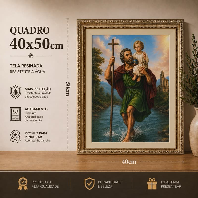 Quadro São Cristóvão 40x50cm Religioso Premium Tela Resinada Resistente à Água Decoração Católica Presente