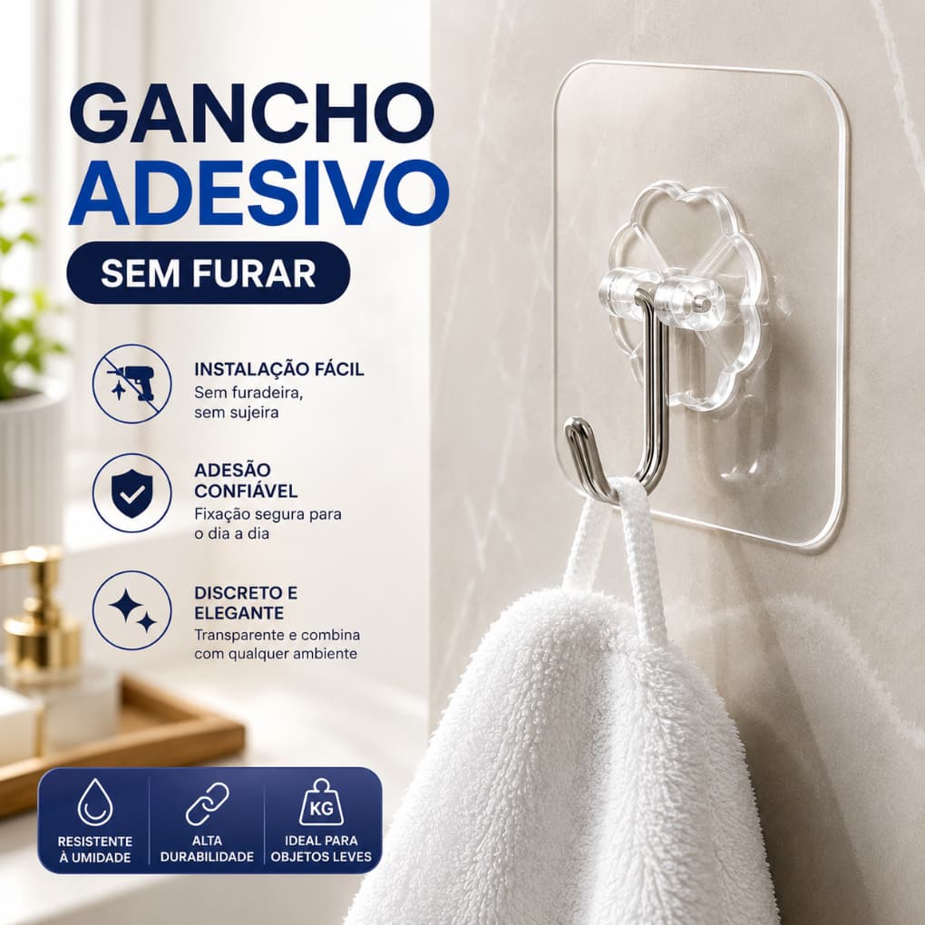 Gancho Adesivo Transparente Sem Furar Parede – Gancho Organizador Autocolante para Cozinha Banheiro Toalha Utensílios