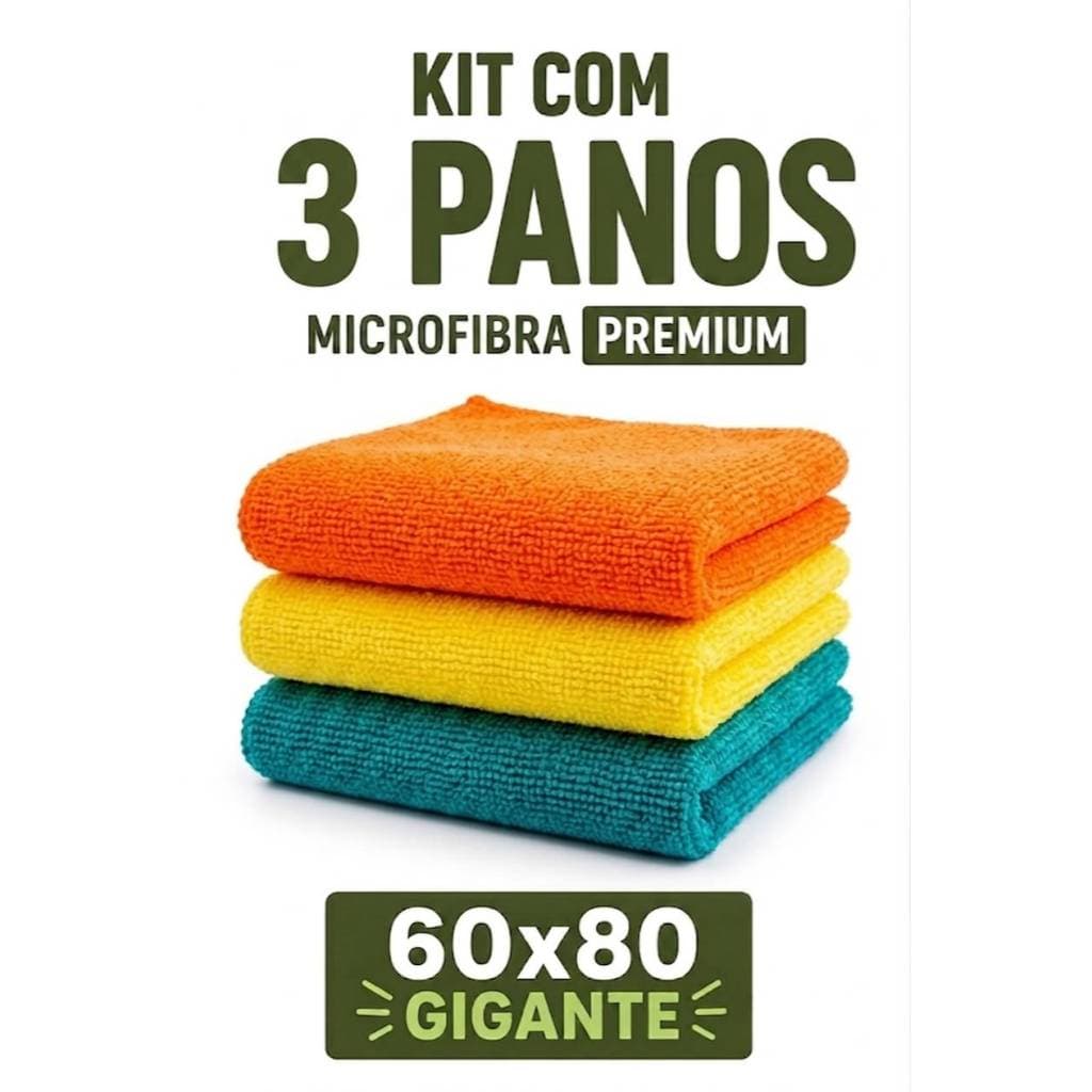 KIT 3 Panos Microfibra Premium Gigantes 60x80 para Limpeza Automotiva Casa em Vários Cores