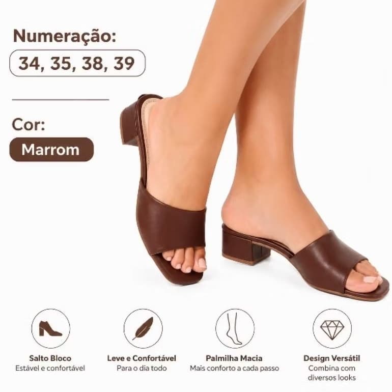 Sandália Mule Feminina Marrom Salto Bloco Baixo Confortável Elegante Premium | Numerações 34 ao 39